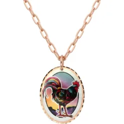 Dazzling Colorful Copper Rooster Necklace handcrafted from silver-plated pure copper with enchanting diamond cuts and vibrant artwork.