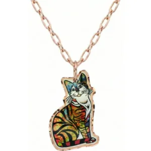 Colorful copper tabby cat necklace featuring handmade silver-plated artwork and sparkling diamond cuts.