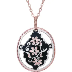 Handmade silver-plated copper flower necklace featuring vibrant colorful artwork, iridescent colors, and sparkling diamond-cut details on a 20-inch chain