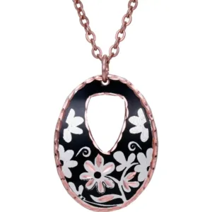 Beautifully made from silver-plated copper, this artisan-crafted pendant is a stunning flower jewelry perfect summer accessory with deep black highlights and brilliant diamond cuts. A captivating handcrafted necklace showcasing a beautiful cut-out oval flower design. Beautifully made from silver-plated copper, the artisan-crafted pendant is detailed with deep black highlights and brilliant diamond cuts that create a ravishing, luxurious sparkle.