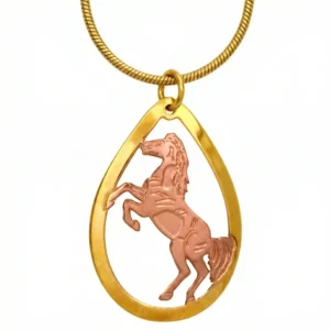 A dynamic openwork pendant showcasing a rearing stallion horse cut out from a two-tone copper and gold metal disc, paired with a gold-tone snake chain.