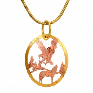 Eagle and Wolf Cut Out copper and Gold Etched Necklace A handcrafted two-tone copper and gold necklace featuring an etched design of a wolf and an eagle, hanging from a gold-tone snake style chain.