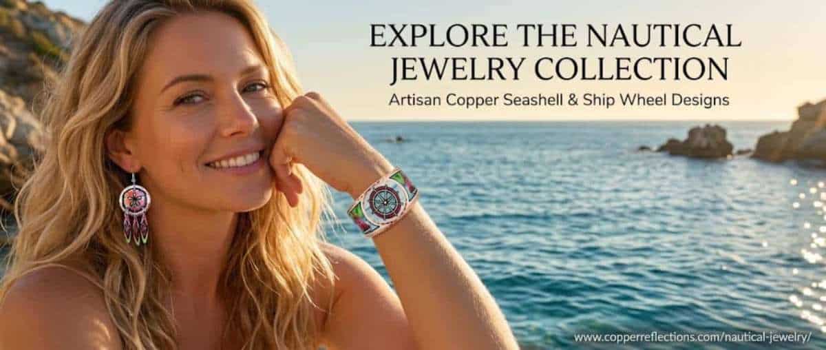 Handcrafted colorful copper handmade nautical jewelry featuring vibrant translucent designs and intricately diamond-cut details, nautical jewelry and gifts banner.