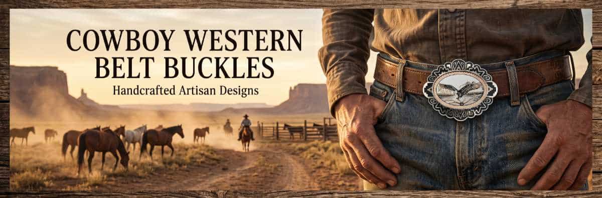 Western belt buckles made from silver-tone black epoxy, embellished with colorful copper cowboy boot, horse, and rodeo artwork
