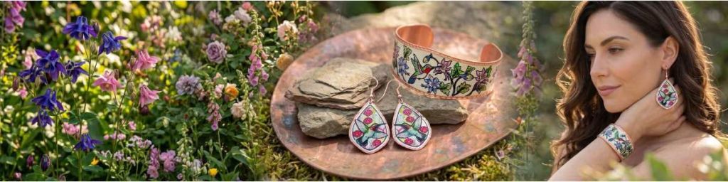 HUMMINGBIRD JEWELRY 1 A delicate display of handmade copper hummingbird jewelry, featuring colorful artisanal designs, diamond-cut finishes, and tarnish-proof accessories.